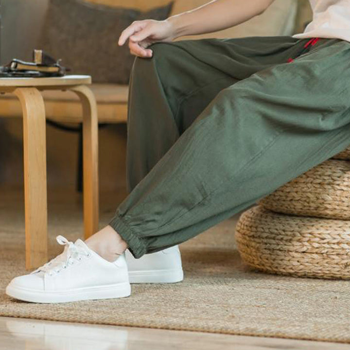 Buddha Stones無地 レッド ドローストリング リネン メンズ パンツ ポケット付き - image 11