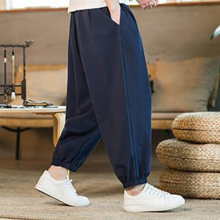 Buddha Stones無地 レッド ドローストリング リネン メンズ パンツ ポケット付き - image 37