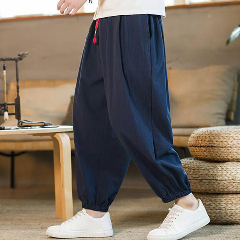 Buddha Stones無地 レッド ドローストリング リネン メンズ パンツ ポケット付き - image 34