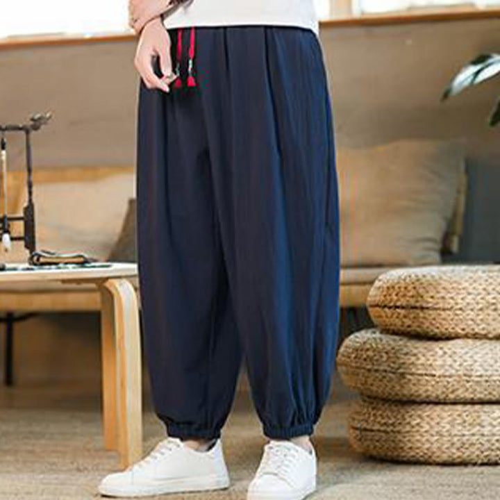 Buddha Stones無地 レッド ドローストリング リネン メンズ パンツ ポケット付き - image 32