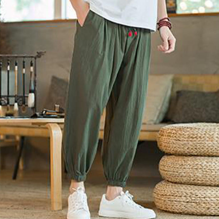 Buddha Stones無地 レッド ドローストリング リネン メンズ パンツ ポケット付き - image 4