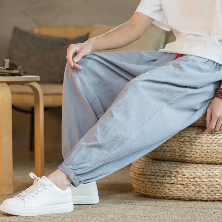 Buddha Stones無地 レッド ドローストリング リネン メンズ パンツ ポケット付き - image 26