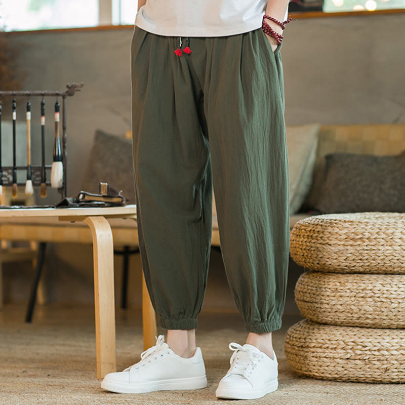 Buddha Stones無地 レッド ドローストリング リネン メンズ パンツ ポケット付き - image 2