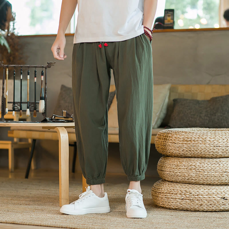 Buddha Stones無地 レッド ドローストリング リネン メンズ パンツ ポケット付き - 緑 - US/UK/AU46、 EU56 (5XL)  - image 0