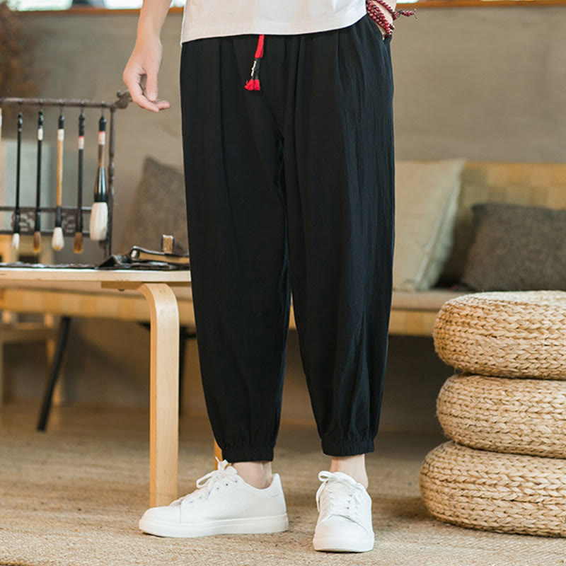 Buddha Stones無地 レッド ドローストリング リネン メンズ パンツ ポケット付き - image 14