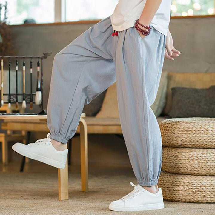 Buddha Stones無地 レッド ドローストリング リネン メンズ パンツ ポケット付き - image 25