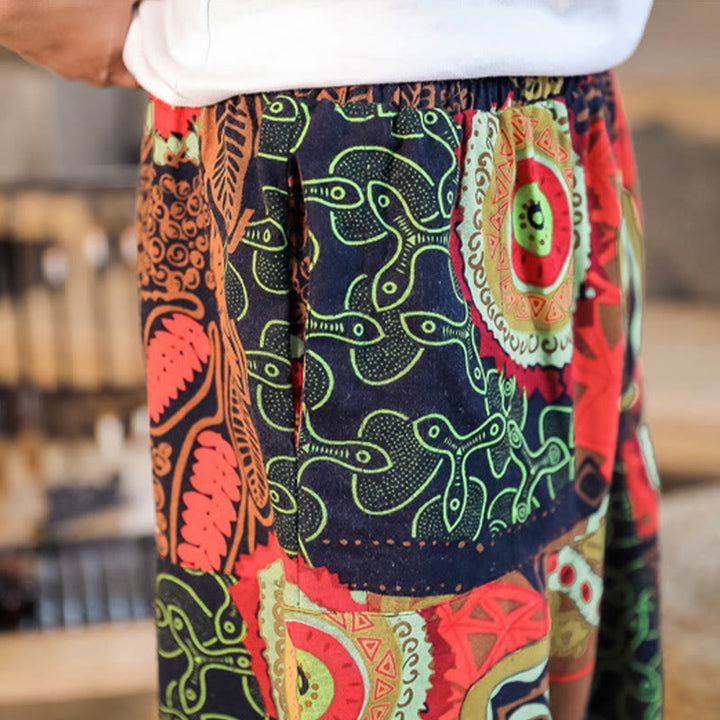 Buddha Stonesレッドゴールド カジュアルリーフプリント コットン メンズ ハーレムパンツ ポケット付き - image 8