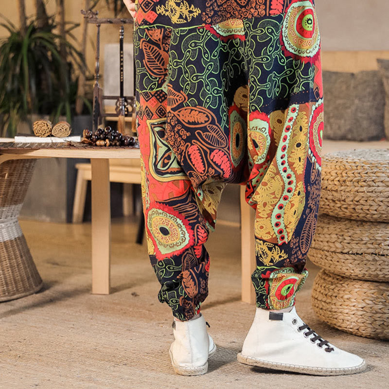 Buddha Stonesレッドゴールド カジュアルリーフプリント コットン メンズ ハーレムパンツ ポケット付き - image 3