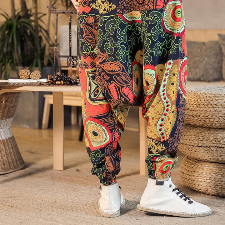 Buddha Stonesレッドゴールド カジュアルリーフプリント コットン メンズ ハーレムパンツ ポケット付き - image 3