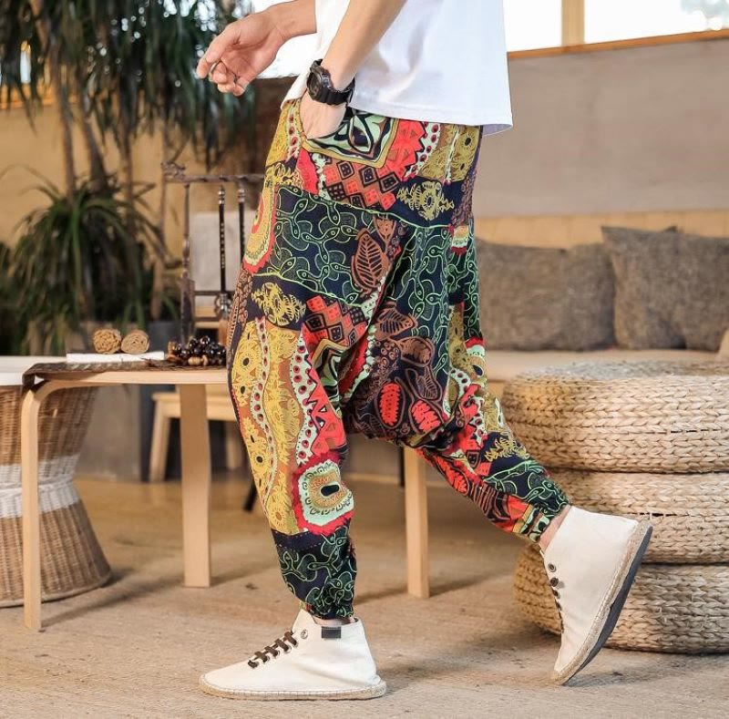 Buddha Stonesレッドゴールド カジュアルリーフプリント コットン メンズ ハーレムパンツ ポケット付き - 黒 - US/UK/AU42、 EU52 (3XL) - image 0