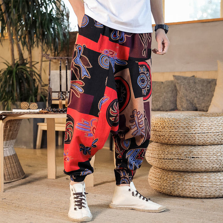 Buddha Stonesグリッドフラワープリント コットン メンズ ハーレムパンツ ポケット付き