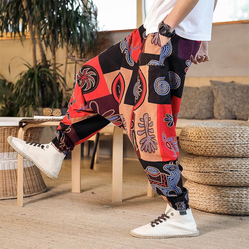 Buddha Stonesグリッドフラワープリント コットン メンズ ハーレムパンツ ポケット付き