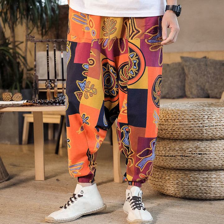 Buddha Stonesグリッドフラワープリント コットン メンズ ハーレムパンツ ポケット付き
