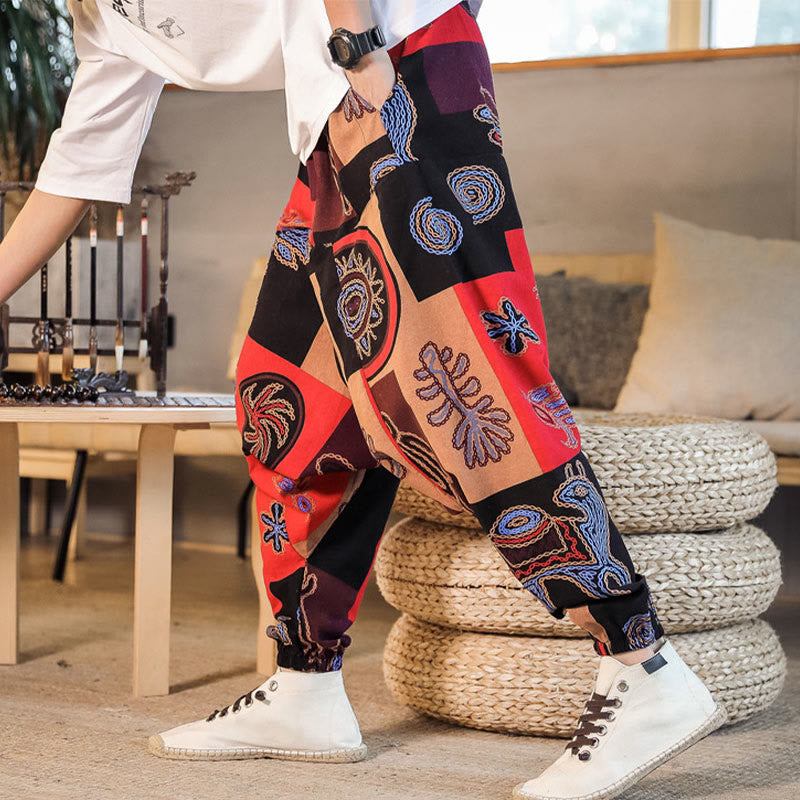 Buddha Stonesグリッドフラワープリント コットン メンズ ハーレムパンツ ポケット付き