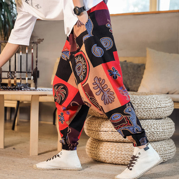 Buddha Stonesグリッドフラワープリント コットン メンズ ハーレムパンツ ポケット付き