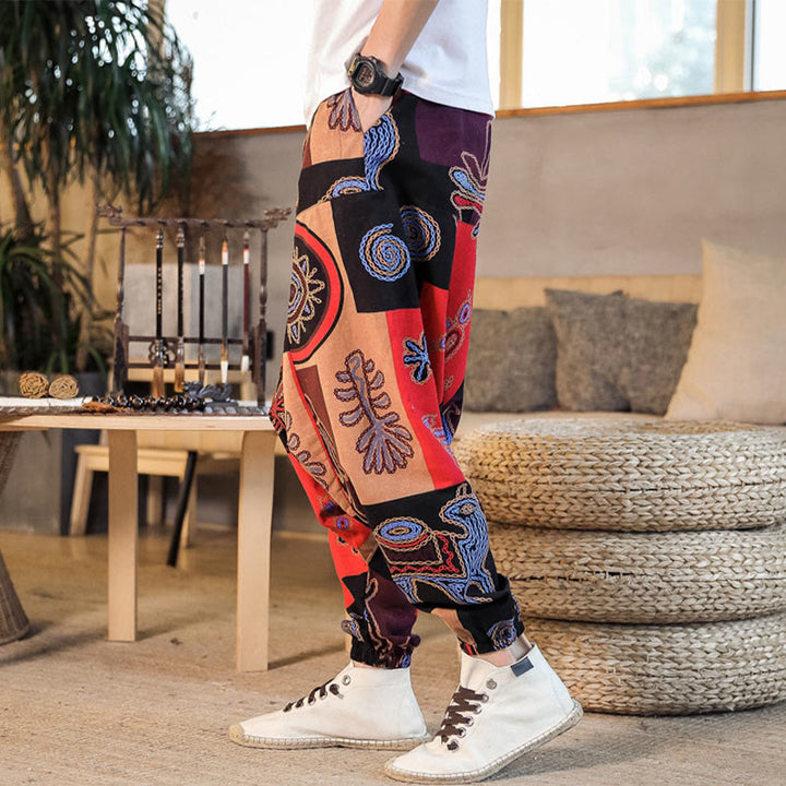 Buddha Stonesグリッドフラワープリント コットン メンズ ハーレムパンツ ポケット付き - image 2