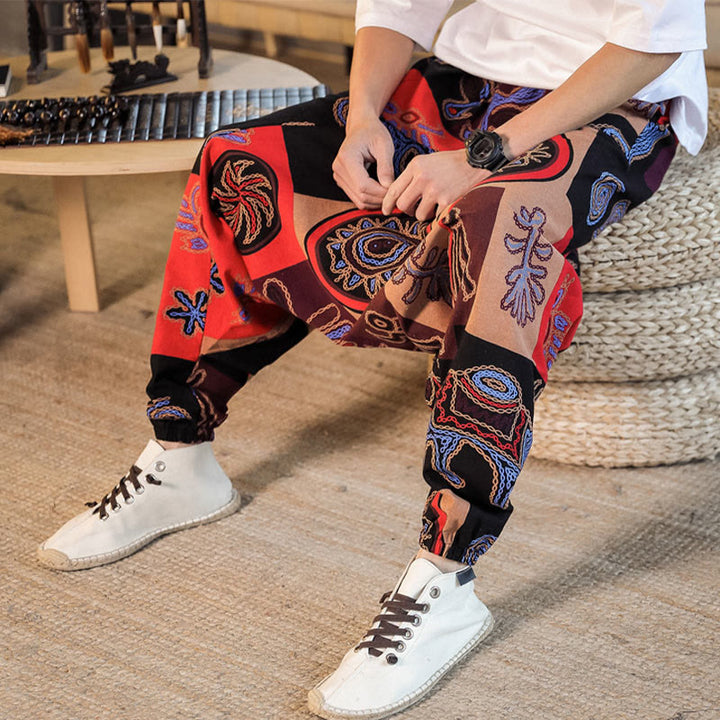 Buddha Stonesグリッドフラワープリント コットン メンズ ハーレムパンツ ポケット付き