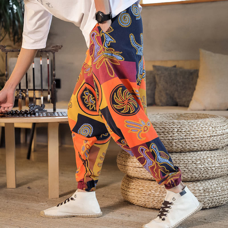 Buddha Stonesグリッドフラワープリント コットン メンズ ハーレムパンツ ポケット付き