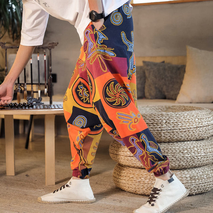 Buddha Stonesグリッドフラワープリント コットン メンズ ハーレムパンツ ポケット付き