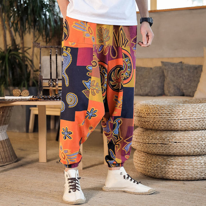 Buddha Stonesグリッドフラワープリント コットン メンズ ハーレムパンツ ポケット付き