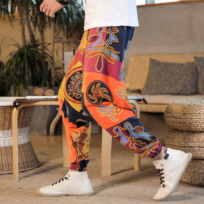 Buddha Stonesグリッドフラワープリント コットン メンズ ハーレムパンツ ポケット付き