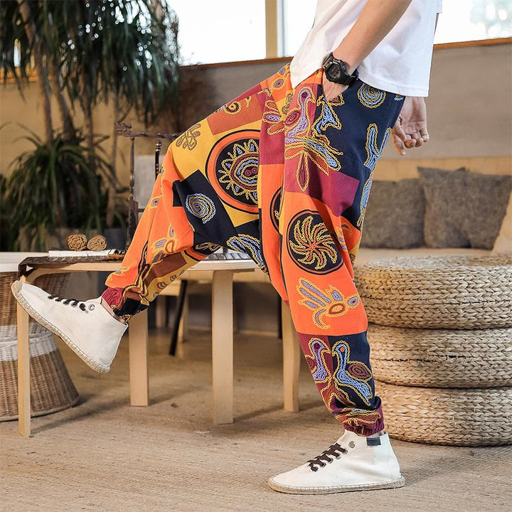Buddha Stonesグリッドフラワープリント コットン メンズ ハーレムパンツ ポケット付き