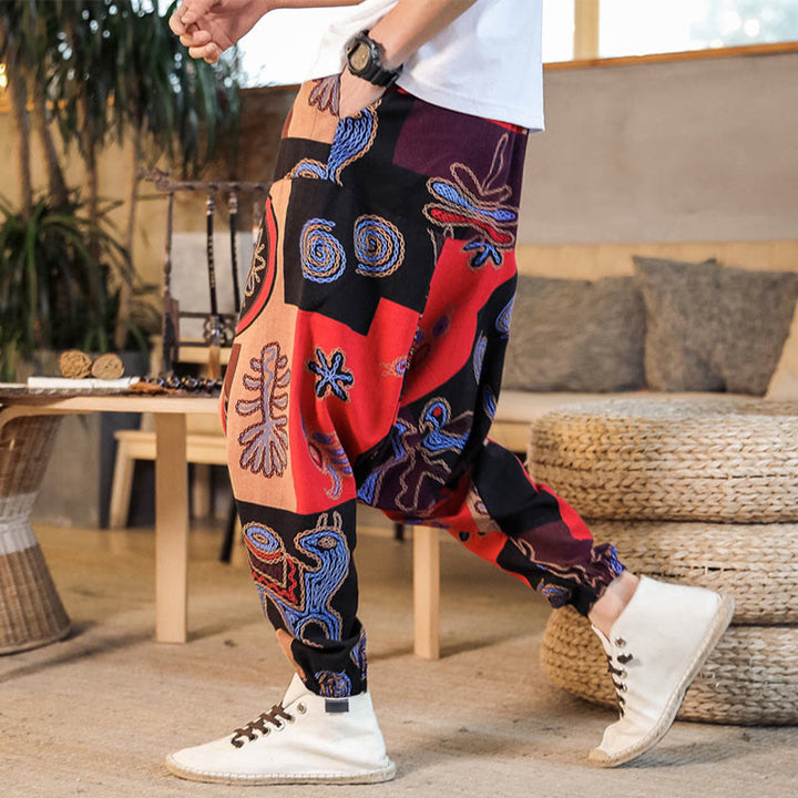 Buddha Stonesグリッドフラワープリント コットン メンズ ハーレムパンツ ポケット付き - 赤 - US/UK/AU42、 EU52 (3XL) - image 0