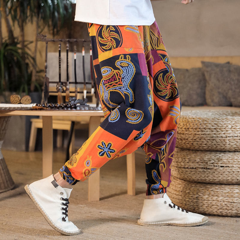 Buddha Stonesグリッドフラワープリントコットンメンズハーレムクロップドパンツ（ポケット付き） - image 17