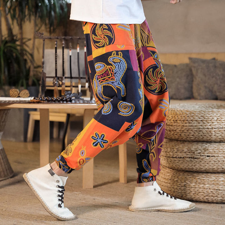 Buddha Stonesグリッドフラワープリントコットンメンズハーレムクロップドパンツ（ポケット付き） - image 17