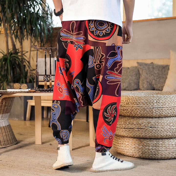 Buddha Stonesグリッドフラワープリント コットン メンズ ハーレムパンツ ポケット付き