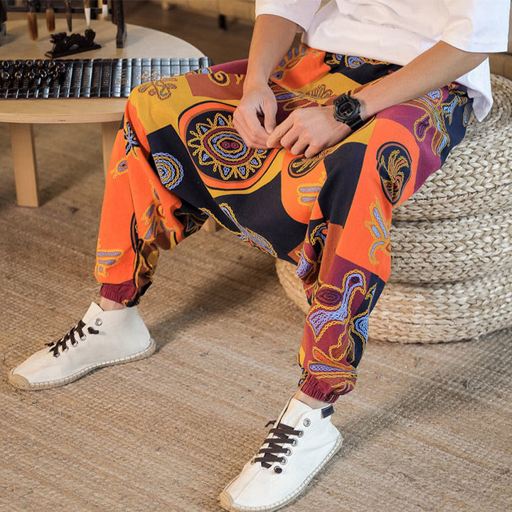 Buddha Stonesグリッドフラワープリント コットン メンズ ハーレムパンツ ポケット付き