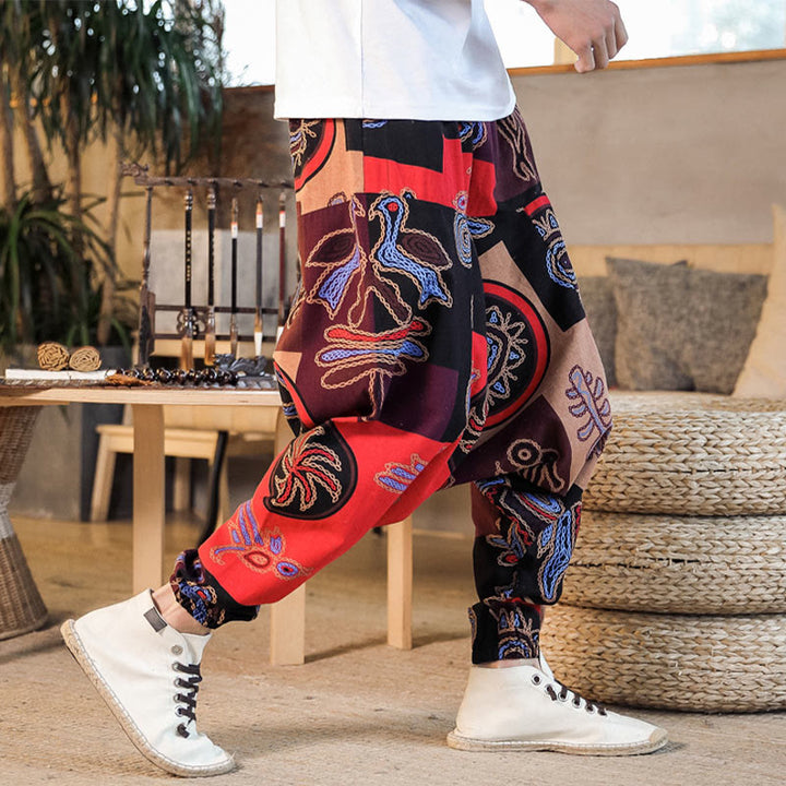Buddha Stonesグリッドフラワープリント コットン メンズ ハーレムパンツ ポケット付き - image 6