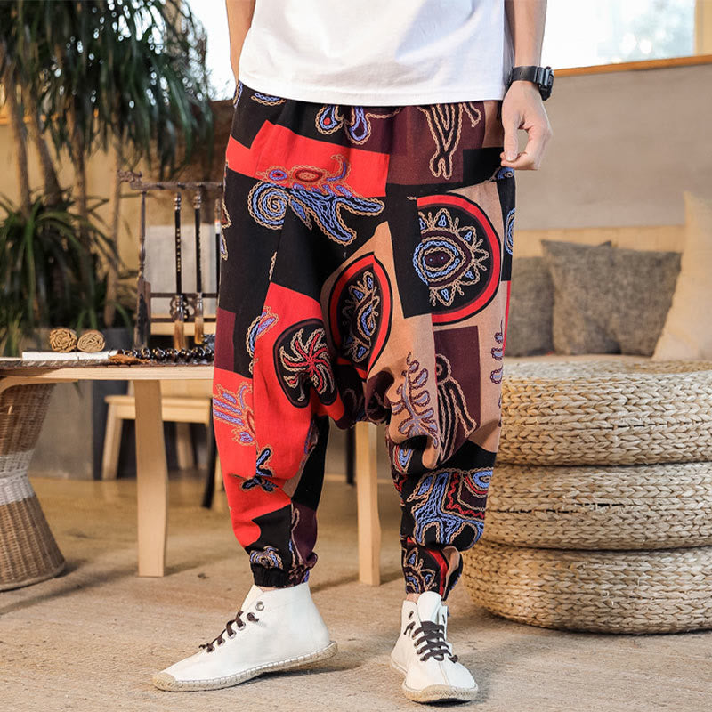 Buddha Stonesグリッドフラワープリント コットン メンズ ハーレムパンツ ポケット付き