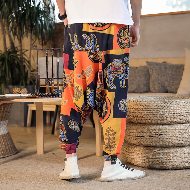 Buddha Stonesグリッドフラワープリント コットン メンズ ハーレムパンツ ポケット付き