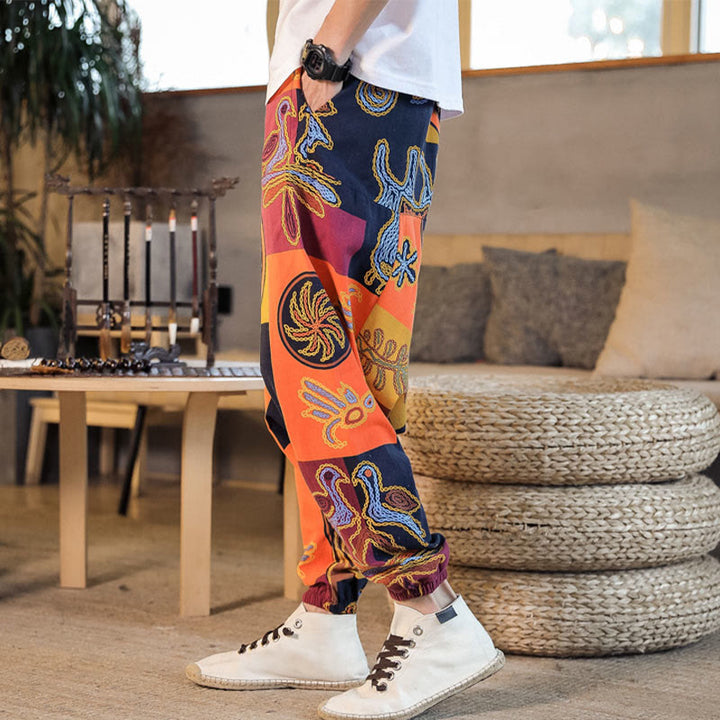 Buddha Stonesグリッドフラワープリントコットンメンズハーレムクロップドパンツ（ポケット付き） - image 16
