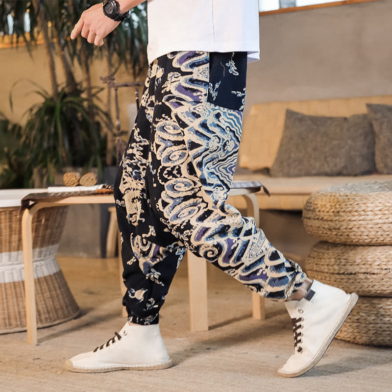 Buddha Stones中国龍柄 コットン メンズ ハーレムパンツ ポケット付き - 黒 - US/UK/AU42、 EU52 (3XL) - image 0