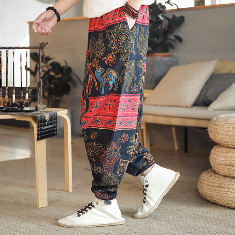 Buddha Stonesカラフル ラクダ柄 コットン メンズ ハーレムパンツ ポケット付き - image 1