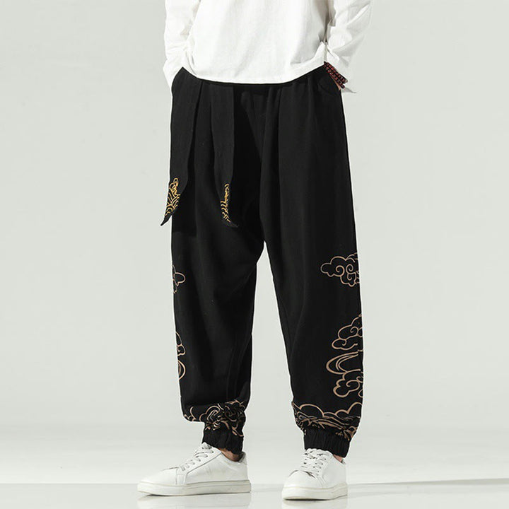 Buddha Stonesと吉兆の雲柄コットンリネンメンズドローストリングハーレムパンツ（ポケット付き） - image 6
