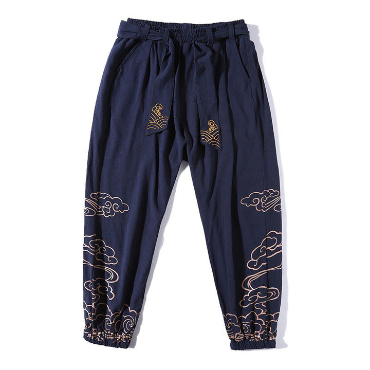 Buddha Stonesと吉兆の雲柄コットンリネンメンズドローストリングハーレムパンツ（ポケット付き） - image 14