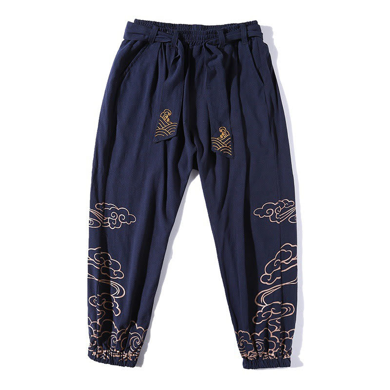 Buddha Stonesと吉兆の雲柄コットンリネンメンズドローストリングハーレムパンツ（ポケット付き） - image 14