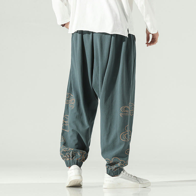 Buddha Stonesと吉兆の雲柄コットンリネンメンズドローストリングハーレムパンツ（ポケット付き） - image 26