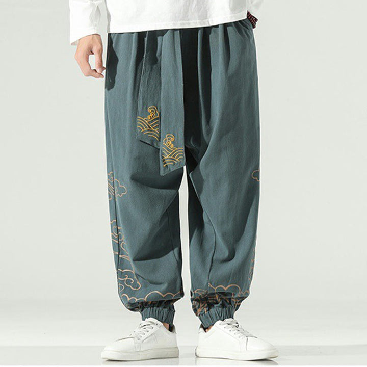 Buddha Stonesと吉兆の雲柄コットンリネンメンズドローストリングハーレムパンツ（ポケット付き） - image 23