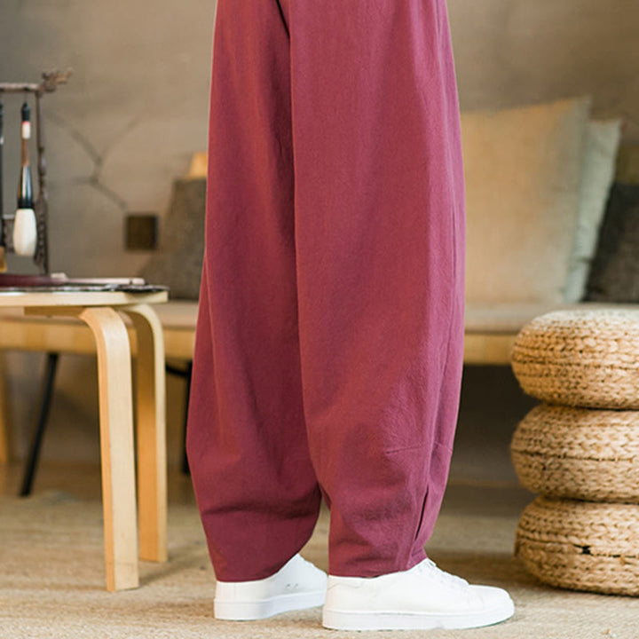 Buddha Stones無地コットンリネン ドローストリング メンズ ハーレムパンツ ポケット付き - image 10