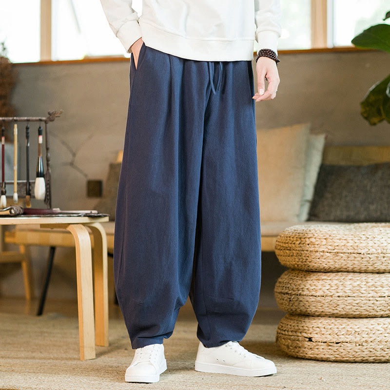 Buddha Stones無地コットンリネン ドローストリング メンズ ハーレムパンツ ポケット付き - ダークブルー - US/UK/AU46、 EU56 (5XL) - image 0