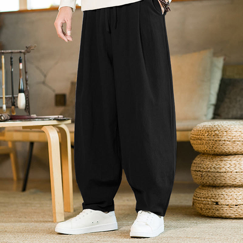 Buddha Stones無地コットンリネン ドローストリング メンズ ハーレムパンツ ポケット付き - image 16