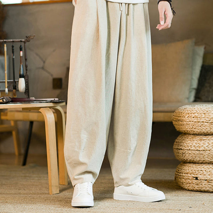 Buddha Stones無地コットンリネン ドローストリング メンズ ハーレムパンツ ポケット付き - ベージュ - US/UK/AU46、 EU56 (5XL) - image 24