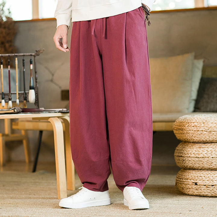 Buddha Stones無地コットンリネン ドローストリング メンズ ハーレムパンツ ポケット付き - image 6