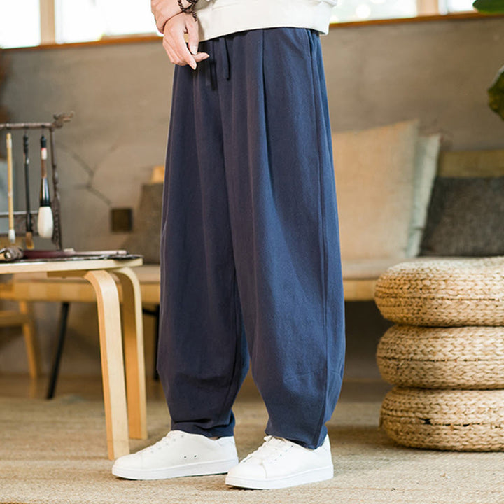Buddha Stones無地コットンリネン ドローストリング メンズ ハーレムパンツ ポケット付き - image 4