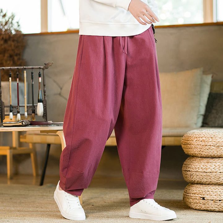Buddha Stones無地コットンリネン ドローストリング メンズ ハーレムパンツ ポケット付き - image 9