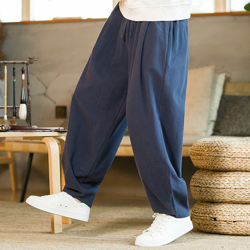 Buddha Stones無地コットンリネン ドローストリング メンズ ハーレムパンツ ポケット付き - image 2